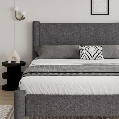 King Size Bed Frame, Boucle Upholstered Platform Bed with Headboard and Footboard, Soft Rounded Corners, No Box Spring Required, Easy Assembly, Dark Grey