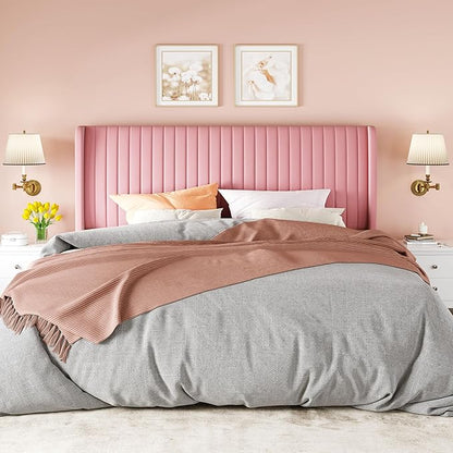 Allewie King Size Velvet Bed Frame/Vertical Channel Tufted Wingback Headboard/Upholstered Platform Bed/Strong Wooden Slats/No Box Spring Needed/Easy Assembly/Pink