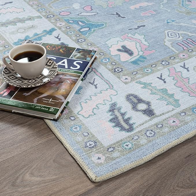 Fame Rugs Lavender Modern Oushak Rug 6x9, Vintage Turkish Colorful Oriental Antique Inspired Washable Large Area Rugs, Luxury Living Room Bedroom (386PBL, 6' x 9')