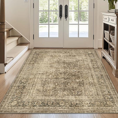 FMFUNCTEX 3x5 Washable Area Rug Brown Vintage Neutral Non Slip Low Pile Traditional Retro Indoor Carpet for Entryway Entrance Soft Floral Throw Rug Living Room Bedroom Kitchen Dining Office Laundry