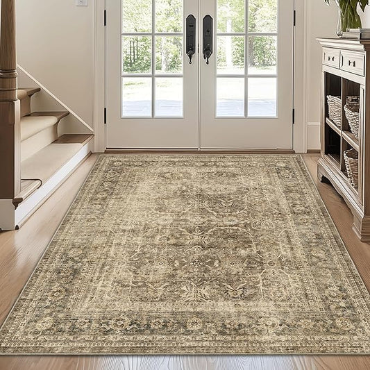 FMFUNCTEX 3x5 Washable Area Rug Brown Vintage Neutral Non Slip Low Pile Traditional Retro Indoor Carpet for Entryway Entrance Soft Floral Throw Rug Living Room Bedroom Kitchen Dining Office Laundry
