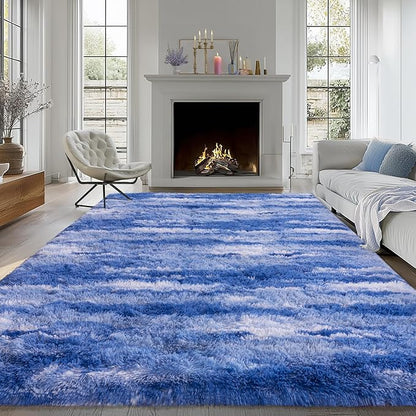 Fluffy Rugs for Bedroom Living Room, 4x6 Feet Abstract Blue Shag Area Rugs, Non-Slip Indoor Modern Fuzzy Plush Floor Carpet for Dorm Nursery Kids Room Decor, Soft Shaggy Throw Rug