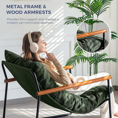 MAXYOYO Modern Accent Chair, Comfy Living Room Chair with Metal Frame Wooden Armrest, Upholstered Armchair with Soft Cushion for Bedroom Balcony Lounge Reading Room, Dark Green