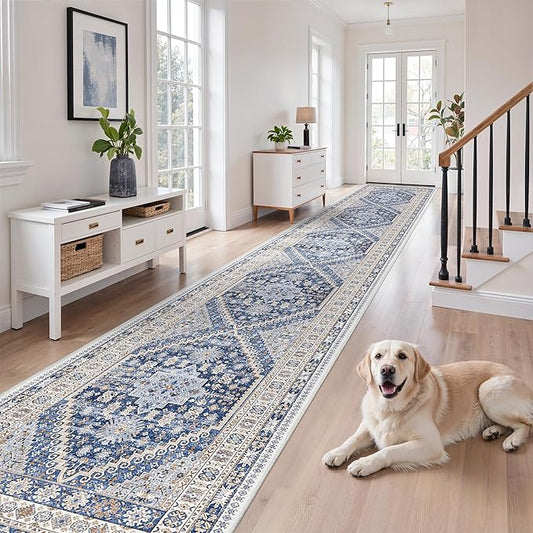 zesthome Washable Runner Rug 2.5x14 - Stain Resistant Entryway Rug,Ultra-Thin Kitchen Rugs, Anti Slip Backing Runner Rugs for Entrance Laundry Room Indoor Hallway (Blue/Beige,2.5'x14')