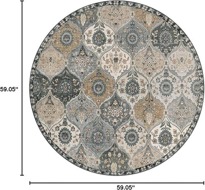 Lahome Moroccan Trellis Washable Circle Rug, Round Rug 5ft Soft Non-Slip, Non-Shedding Distressed Round Carpet for Bedroom Living Room Bathroom Nursery Kitchen, Grey