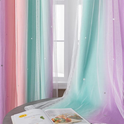 XiDi Curtains for Bedroom Decor, Rainbow Pink Purple Green 34/54/1