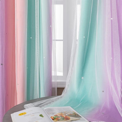 XiDi Curtains for Bedroom Kids Rainbow Pink Purple Green Curtains for Girls Room Darkening 42/79