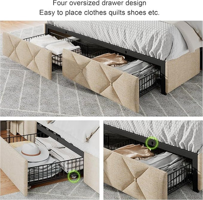 Feonase Full Size Bed Frame with 4 Storage Drawers, Upholstered Platform Bed with Charging Station, Wingback Storage Headboard, Wooden Slats Support, No Box Spring Needed, Easy Assembly, Beige