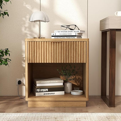 Miereirl Fluted Nightstands Set of 1 with Charging Station, LED Nightstand with Rounded Edge, 22" W Farmhouse Nightstand for Bedroom, Natural Oak