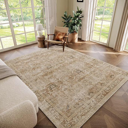 Washable 6x9 Area Rugs for Living Room, Boho Non-Slip Vintage Distress Large Rugs for Bedroom Dining Room Nursery Office, 0.3" Neutral Oriental Throw Thin Carpet, Brown/White/Multi