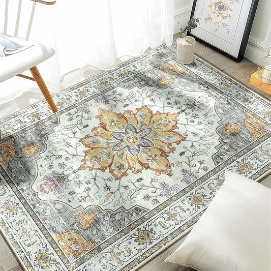 Area Rugs 3'x4' Washable Non-Slip, Floral Vintage Distress Print Pattern Medallion Carpet for Living Room Bedroom Dining Room, Light Yellow Carbon Grey Orange