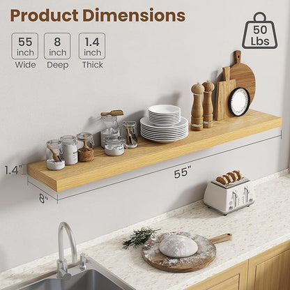 55 Inch Floating Shelves for Wall, 8 Inch Deep Floating Shelf for Storage & Display, Rustic Wall Mounted Shelf with Invisible Brackets for Living Room, Kitchen, Bathroom, Home Decor, Set of 2, Oak