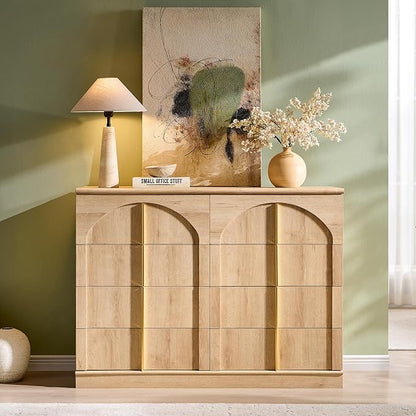 ACCOHOHO Large Dresser for Bedroom with 8 Drawers with Arched Panel,Modern Minimalist Chest of Drawers with Gold Handles,Wood Storage Closet Dressers Tv Stand for Living Room, Hallway,Natural Oak