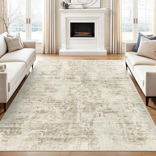 10x14 Area Rugs for Living Room, Non Slip Machine Washable Vintage Carpets, Low Pile Lightweight Large Rug for Bedroom, Dining Room, Home Office Beige Gray
