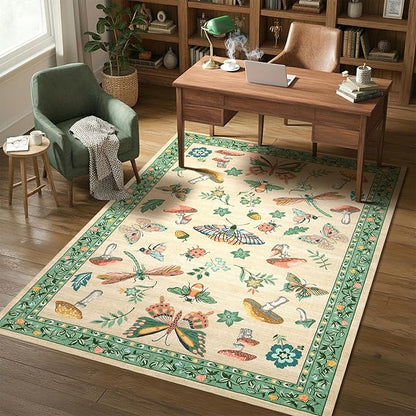 Mushroom 3x5 Area Rug Washable Non-Slip Small Indoor Rugs for Entryway with Rubber Back Soft Low-Pile Carpet for Kitchen Bedroom Living Room Mat Khaki Green