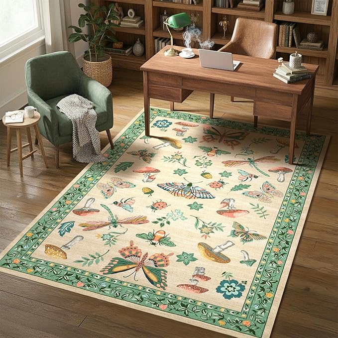 4x6 Rug Non-Slip Washable Carpet - Mushroom Soft Low-Pile Stain Resistant Rugs for Nursery Kitchen Bedroom Living Room Entryway Indoor Mat Khaki Green