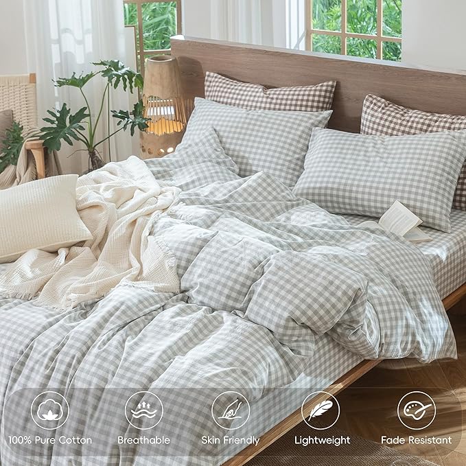 MooMee Gingham Duvet Cover Set 100% Washed Cotton Linen Like Textured Breathable Durable Soft Comfy Modern Checkered Design (Northern Droplet Grey Gingham, Full 80"x90")