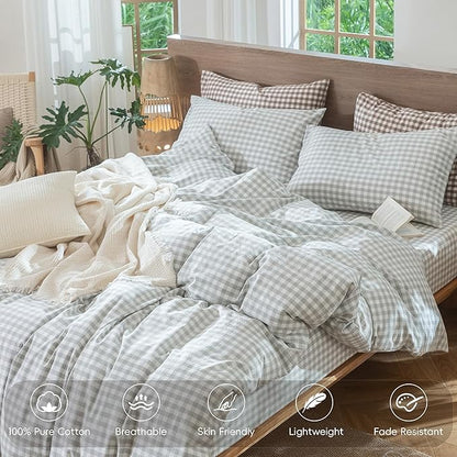 MooMee Gingham Duvet Cover Set 100% Washed Cotton Linen Like Textured Breathable Durable Soft Comfy Modern Checkered Design (Northern Droplet Grey Gingham, Cal King 104"x98")