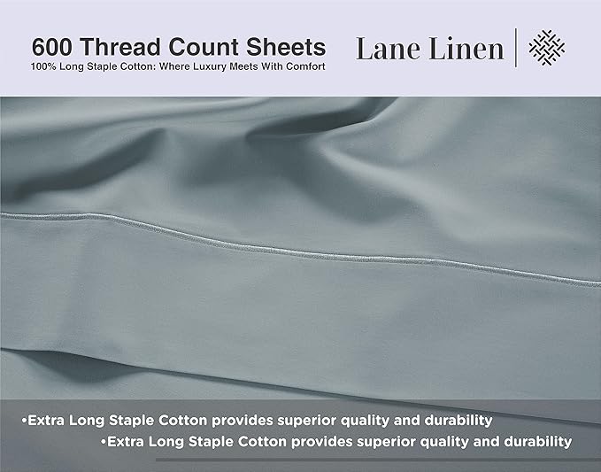 LANE LINEN 100% Cotton 600 Thread Count Twin Bed Sheets - Mercerized Cotton Fully Elasticized Sheets Twin Size, Ultra Soft & Comfy Sateen Weave Bedding Sheets & Pillowcases Sets - French Blue
