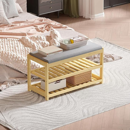 Shoe Bench Entryway, 100% Solid Solid Wood Shoe Rack Bench with Storage and Cushion Padded Seat, 3-Tier Shoe Organizer for Hallway Living Room, Mudrooms, Natural