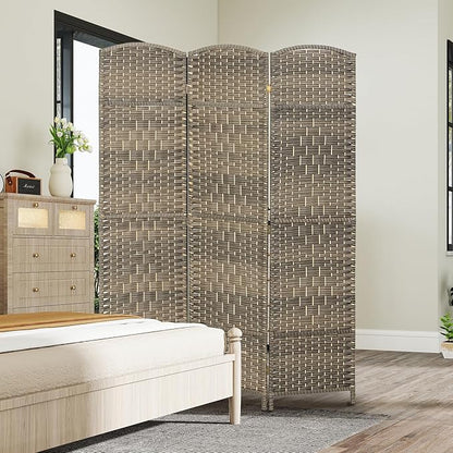 HOMCOM 3 Panel Room Divider, 6' Tall Folding Privacy Screen, Hand-Woven Freestanding Wall Partition for Home Office, Bedroom, Dark Rustic Oak