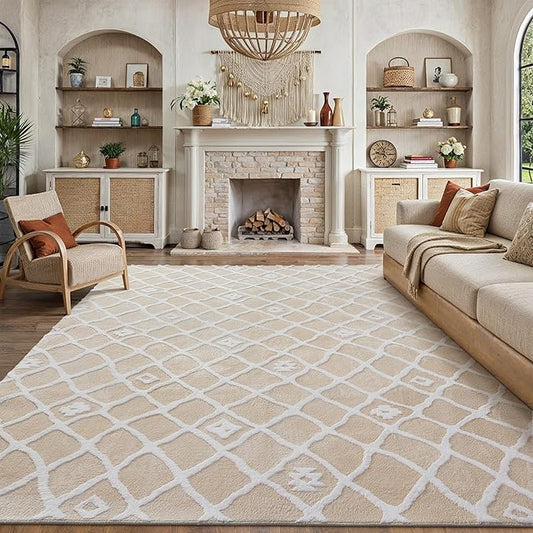 Ivory 8x10 Area Rug Moroccan Shag Living Room Washable Carpet Soft Non Shedding Neutral Boho Plush Pile Modern Large Throw Rug for Office Bedroom Dining Room Playroom