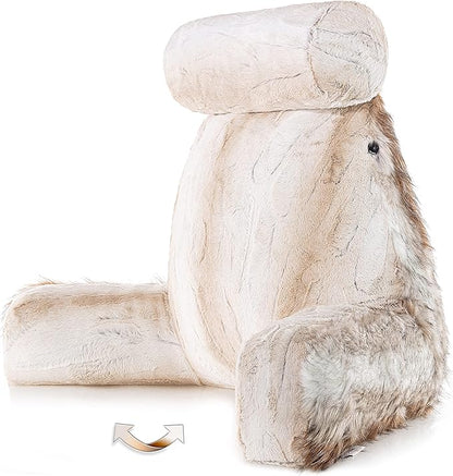 Husband Pillow XXL Rare Baby Coyote Fabulous Faux Fur Backrest, 2-Tone Reversible Double Sided Reading & Bed Rest Pillow with Arms & Neck Roll, Adjustable Memory Foam - Sit Up Extremely Comfy