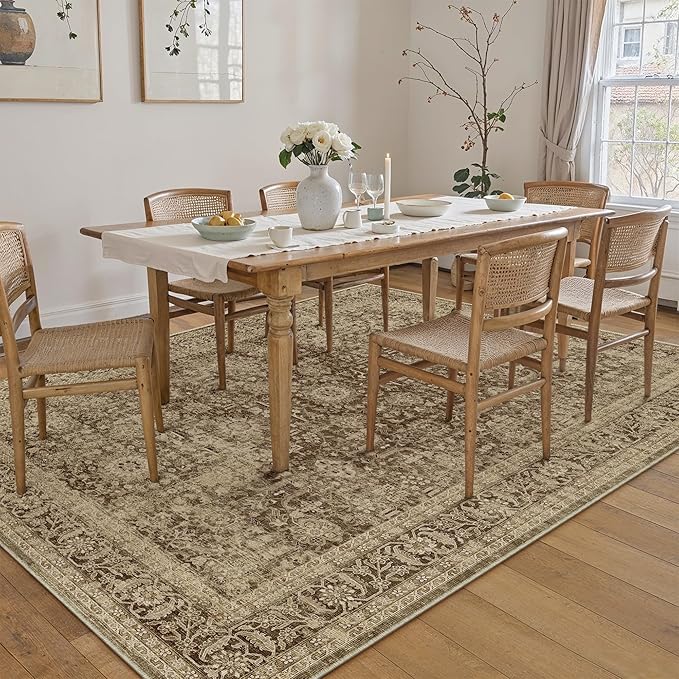 Brown 6x9 Area Rug Non Slip Vintage Living Room Distressed Machine Washable Carpet Retro Indoor Bedroom Traditional Floral Accent Throw Rug for Office Kitchen Dorm Dining Room
