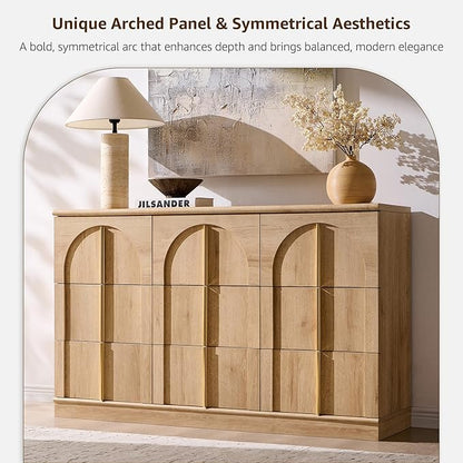 ACCOHOHO Arched Dresser for Bedroom with 9 Drawers, 52" Wide Modern Chest of Drawers with Rounded Edge & Metal Handles, Wood Storage Closet Dressers TV Stand for Living Room, Hallway, Natural Oak