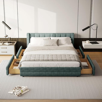 DEINPPA Queen Size Bed Frame with 4 Storage Drawers and Cloud Soft Headboard, Chenille Upholstered Grounded Wood Base Bed Frame, No Box Spring Needed-Blue+Green