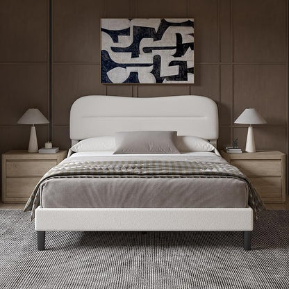 Queen Size Bed Frame with Headboard, upholstered Bed Frame Queen Size, Teddy Soft Boucle Fabric, Soft Cloud Marshmallow Shape Headboard, No Box Spring Needed, Noise Free (White)