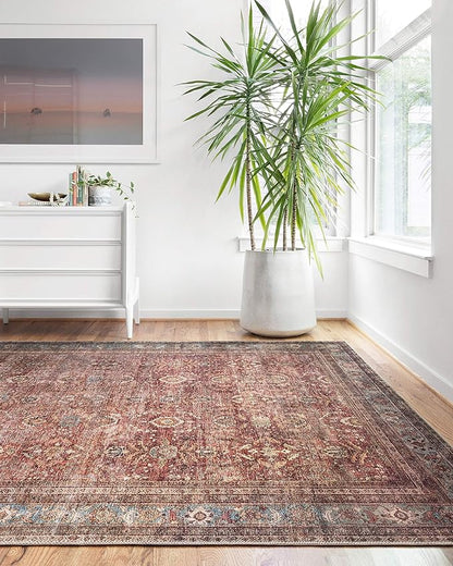 Loloi Layla Collection LAY-01 Brick/Blue 2'-3" x 3'-9" .13" Thick Accent Rug, Soft, Durable, Vintage Inspired, Distressed, Low Pile, Non-Shedding, Easy Clean, Printed, Living Room Rug