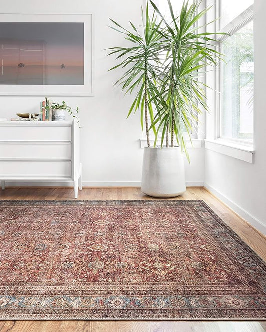 Loloi Layla Collection LAY-01 Brick/Blue 5'-0" x 7'-6" .13" Thick Area Rug, Soft, Durable, Vintage Inspired, Distressed, Low Pile, Non-Shedding, Easy Clean, Printed, Living Room Rug
