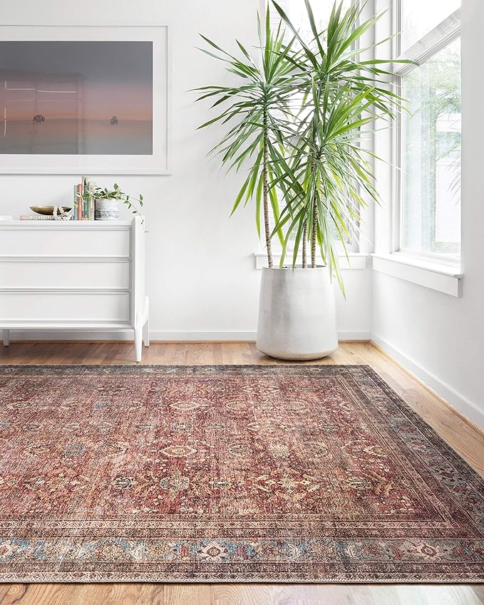 Loloi Layla Collection LAY-01 Brick/Blue 9'-0" x 12'-0" .13" Thick Area Rug, Soft, Durable, Vintage Inspired, Distressed, Low Pile, Non-Shedding, Easy Clean, Printed, Living Room Rug