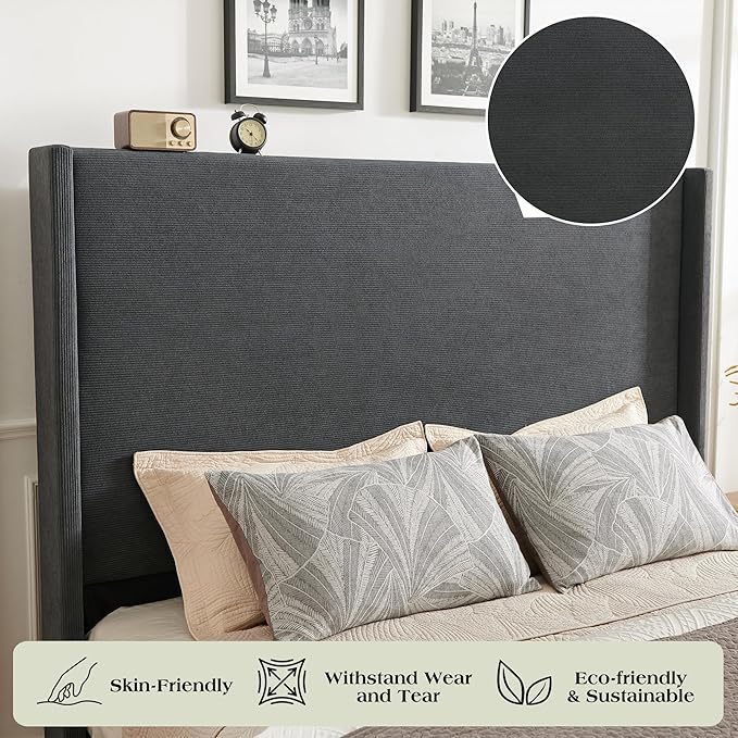 Queen Bed Frame with 63" Tall Headboard, Horizontal Fine Corduroy Bed Frame with Wingback, Upholstered Platform Bed, Vintage Solid Wood Gourd Legs, No Box Spring Needed, Black