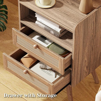 SUPERJARE 2 Drawer Night Stand with Charger Station, Boho Rattan Nightstand Set of 2, 25.2 Inch Tall Bed Side Table with Solid Wood Feet, End Table, Open Storage, Synthetic Rattan, Walnut
