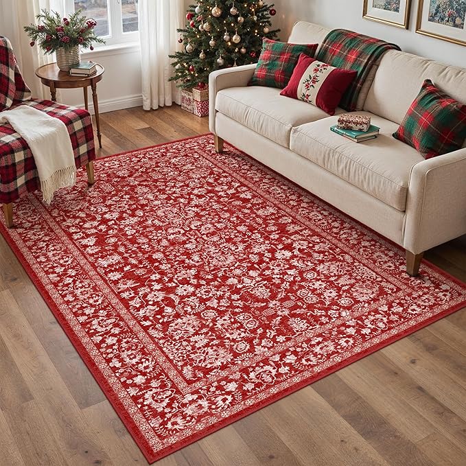 Christmas Area Rug 3x5 Red Washable Office Carpet Holiday Door Mat Vintage Low Pile Distressed Retro Floral Throw Non Slip Soft Decorative Xmas Rug for Entryway Kitchen Bedroom Bathroom