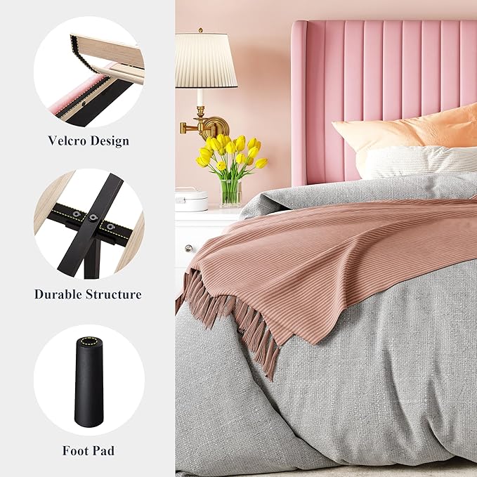 Allewie King Size Velvet Bed Frame/Vertical Channel Tufted Wingback Headboard/Upholstered Platform Bed/Strong Wooden Slats/No Box Spring Needed/Easy Assembly/Pink