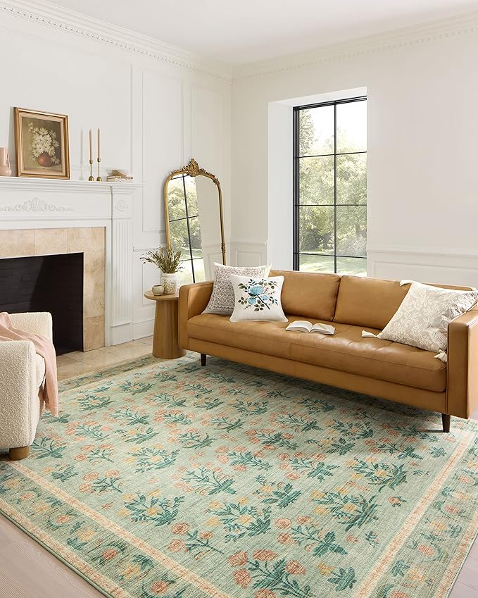 Loloi Rifle Paper Co. Eden Collection EDE-01 Mughal Rose Moss 7'-6" x 9'-6" Area Rug feat. CloudPile™