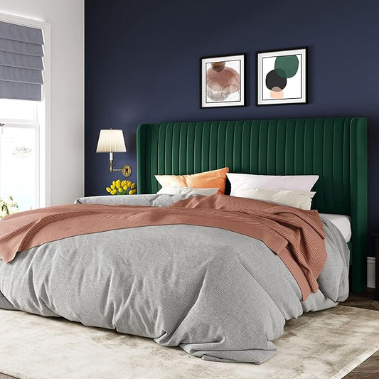Allewie King Size Bed Frame/Velvet Upholstered Platform Bed/Vertical Channel Tufted Wingback Headboard/Strong Wooden Slats/No Box Spring Needed/Easy Assembly/Green