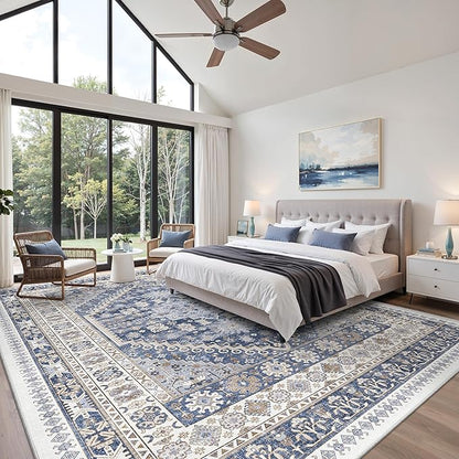 zesthome 10x14 Area Rugs,Stain Resistant Washable Rug,Ultra-Thin Rugs for Living Room,Bedroom,Non-Slip Backing Home Decor Large Area Rug (Blue/Beige,10'x14')