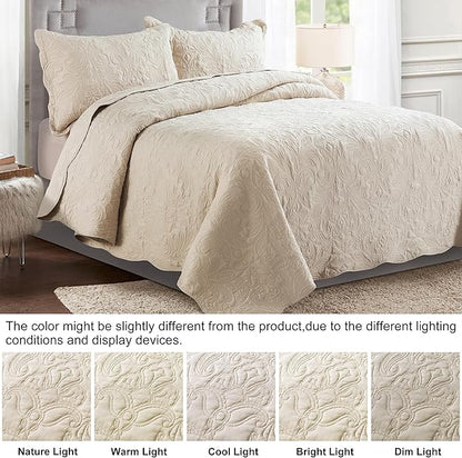 HoneiLife Quilt Set King Size - 3 Piece Embroidered Microfiber Bedspread Reversible Coverlet Lightweight Bedcover Paisley Pattern Bedding Set All Season Quilts-Khaki