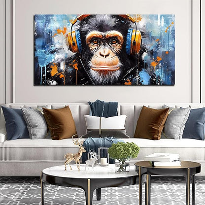 ENTANUB Monkey Wall Art for Living Room, Animal Canvas Print Painting for Bedroom, Blue Picture Decor, Size 59 x 29 Inches
