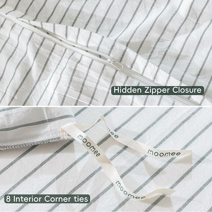 MooMee Striped Duvet Cover Set 100% Washed Cotton Linen Like Textured Breathable Durable Soft Comfy (White Heathered Green Wide Stripes, Cal King 104"x98")