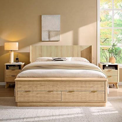 T4TREAM Fluted Queen Size Bed Frame with Wingback Headboard, Footboard Storage Bench with Built-in Drawers & Lift-Up Compartments, Wood & Steel Platform Bed, No Box Spring Needed, Natural Oak