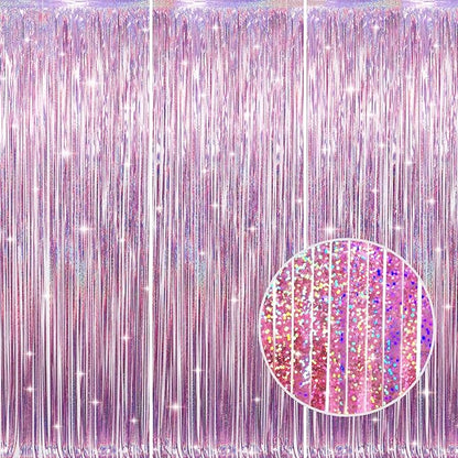 GOER 3.2 ft x 8.2 ft Metallic Tinsel Foil Fringe Curtains Party Photo Backdrop Party Streamers for Birthday,Graduation,New Year Eve Decorations Wedding Decor(3 Packs,Laser Pink)