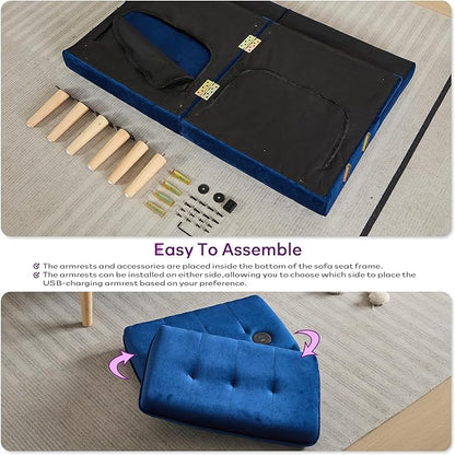 TYBOATLE 65" W Velvet Modern Convertible Folding Futon Couch Sofa Bed w/ 2 USB Charging Ports for Compact Living Space, Small Couches for Office, Dorm, RV Room, Apartment, Bedroom (Navy Blue)