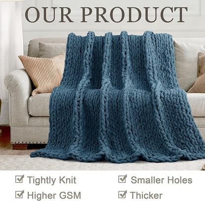Chunky Knit Throw Blanket 50"X 60", 100% Handmade with Soft Chenille Yarn, 4.4lbs Thick Cable Knitted Blankets, Large Rope Knot Crochet Throws for Couch Sofa Bed Home Decor, Mineral Blue