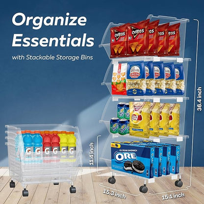 TidyFriend Plastic Stackable Storage Bins Clear - 4 Pack Large Open Front Bins For Toy Organizers and Pantry, Kitchen, Bathroom Essentials