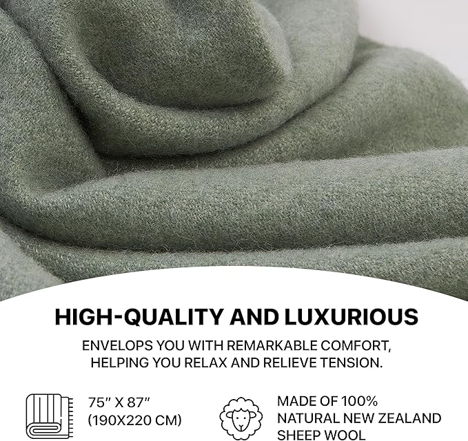 | Wool Blanket/Throw | 100% New Zealand Wool | Perfect for Home and Outdoors | Virgin Wool Throw with Fringes 75"x87" (190 x 220 cm)